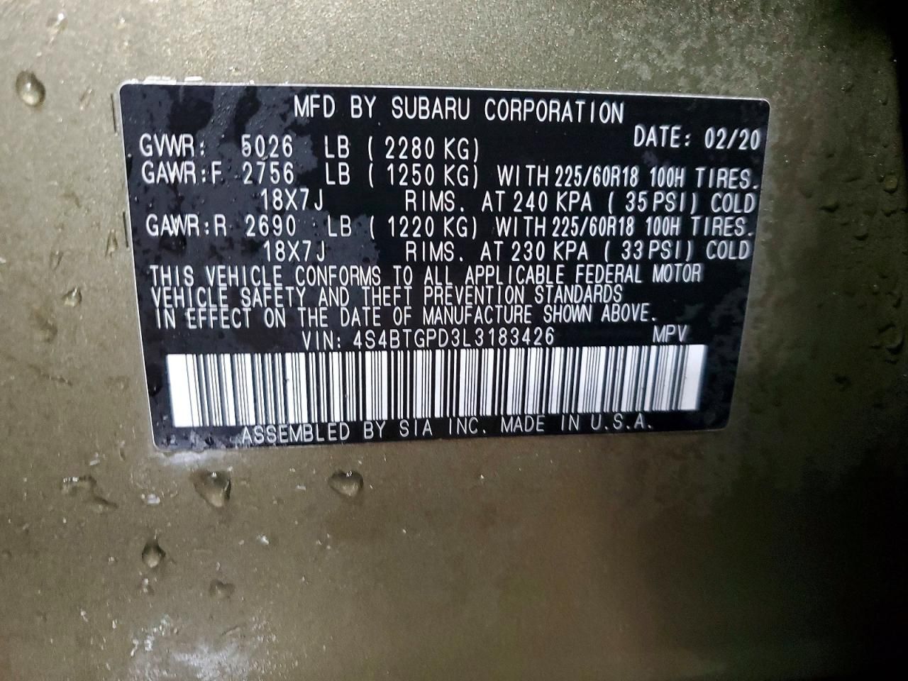 2020 Subaru Outback Touring ldl