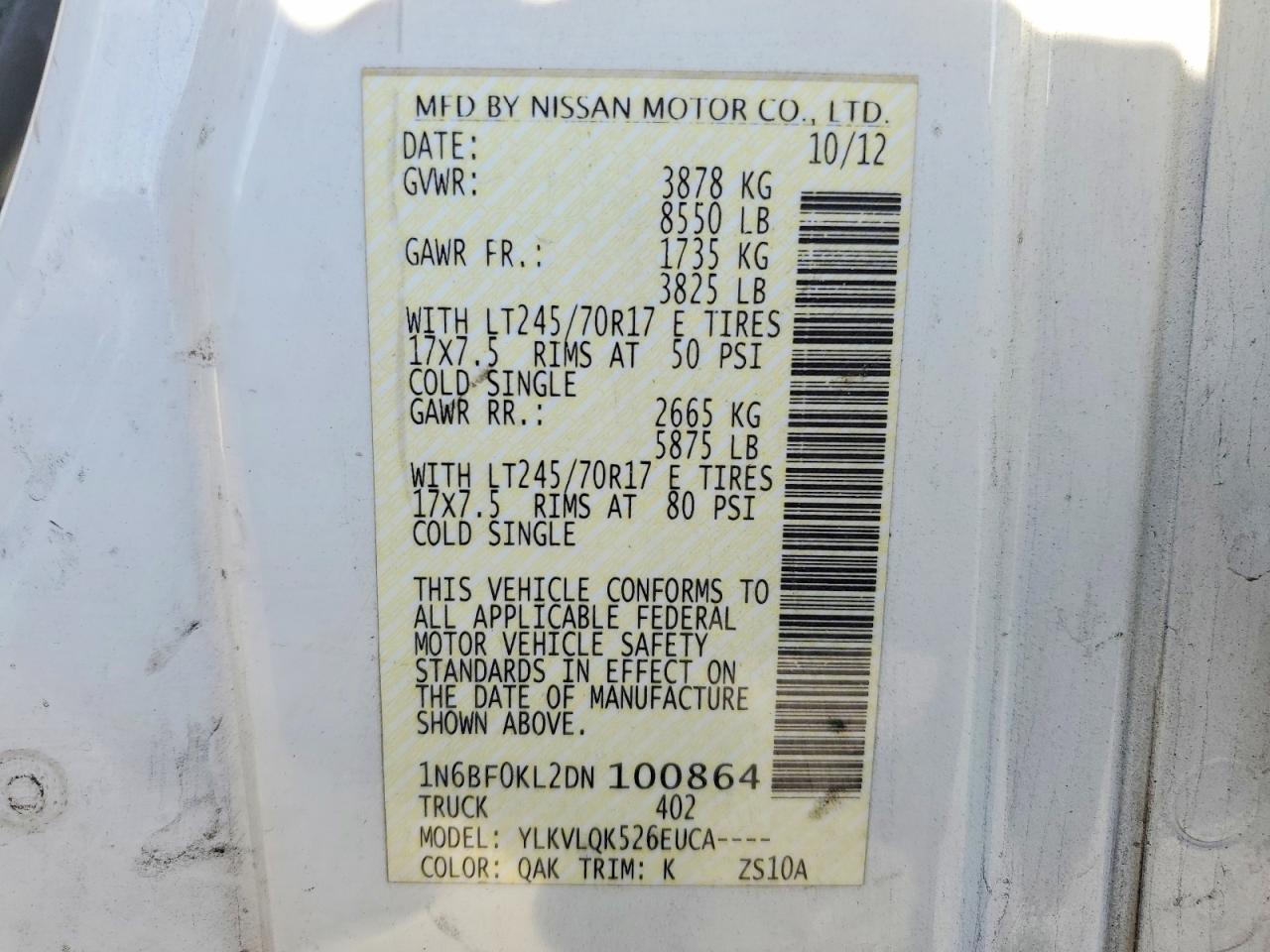 2013 Niss AN NV 1500 Utility / Service Van