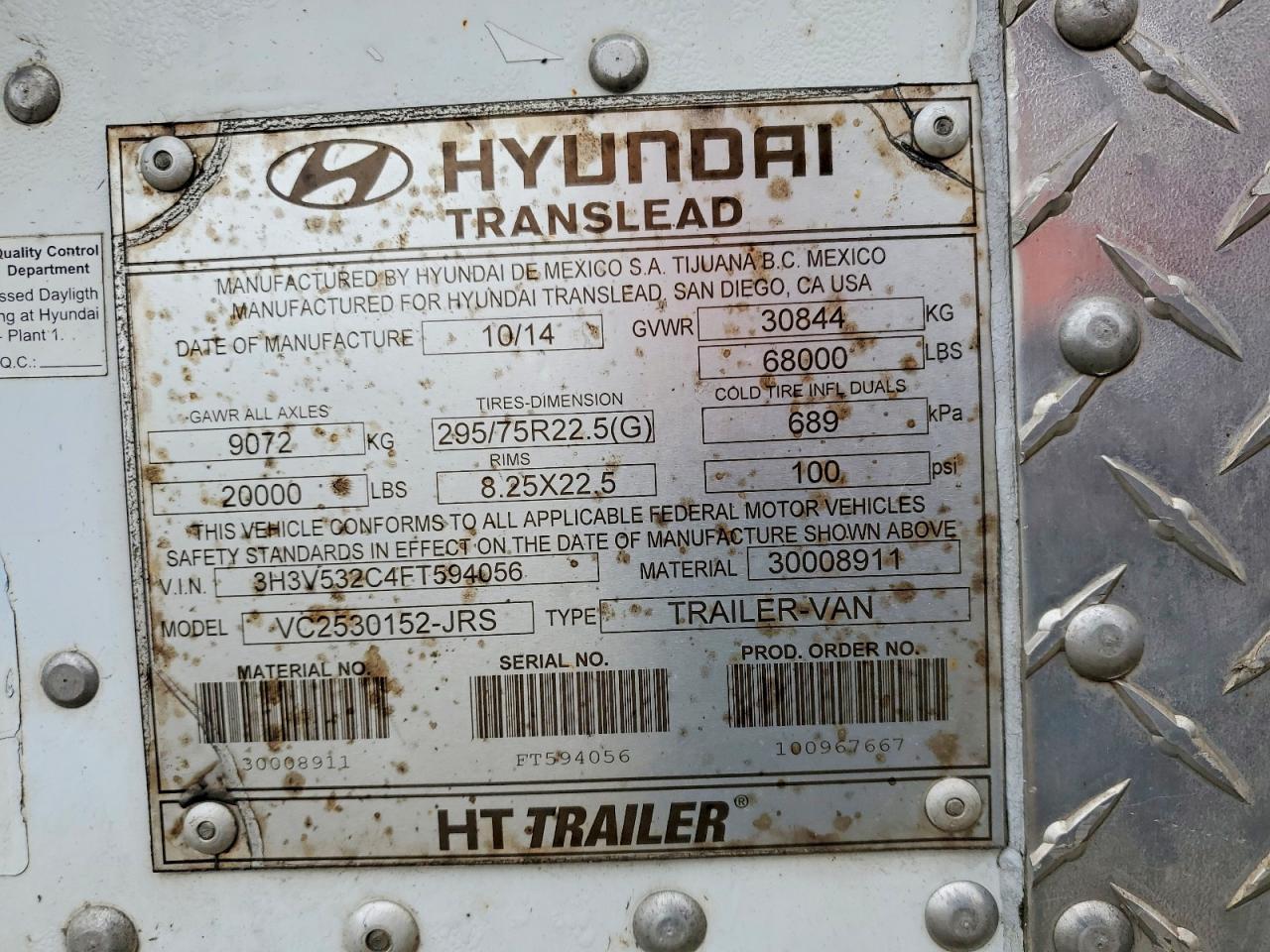 2015 Hyundai Trailers 2015 Hyundai Translead VC2530152-JRS DRY Van Trail