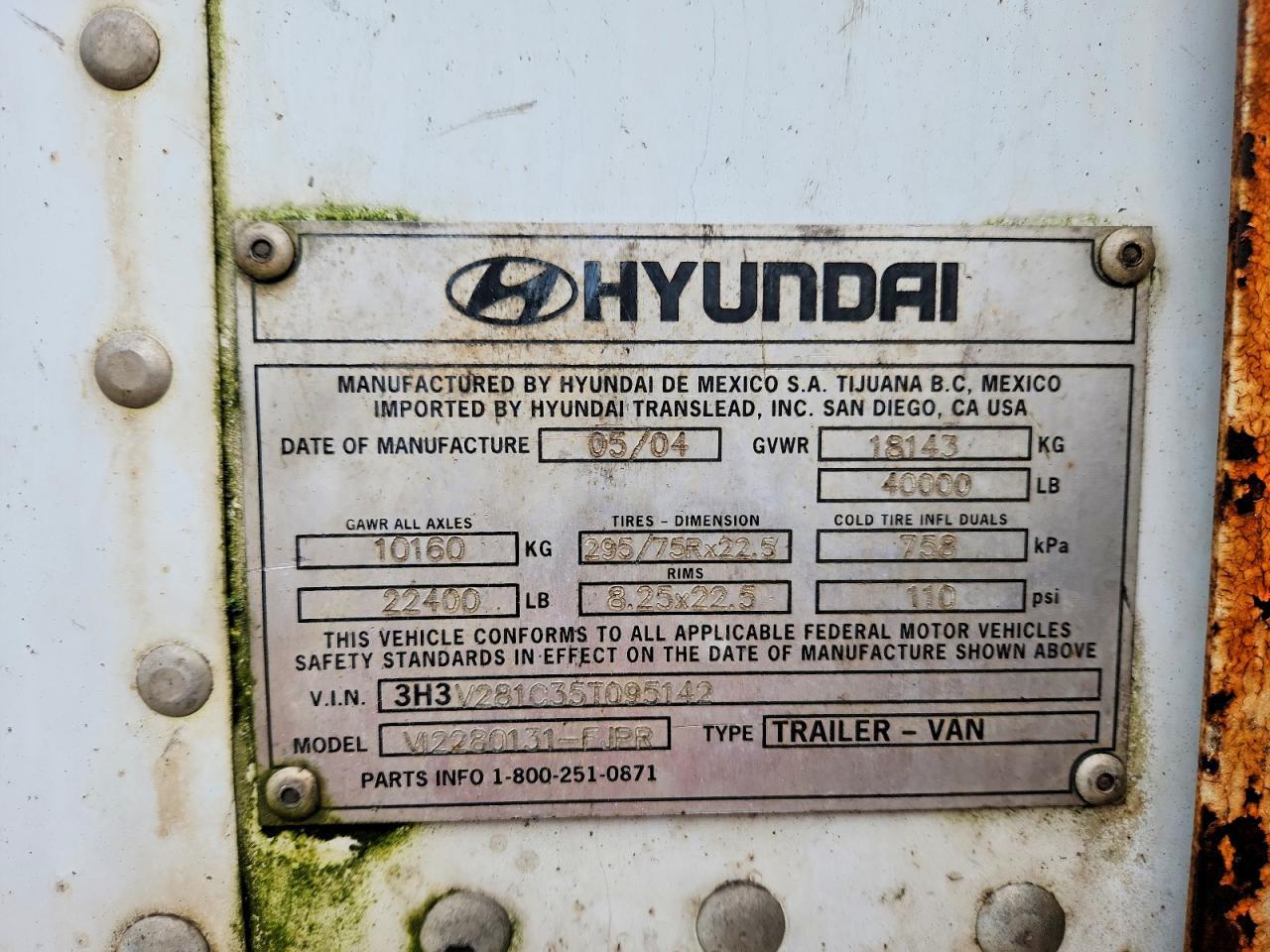 2005 Hyundai VI2280131-FJPR DRY Van Trailer