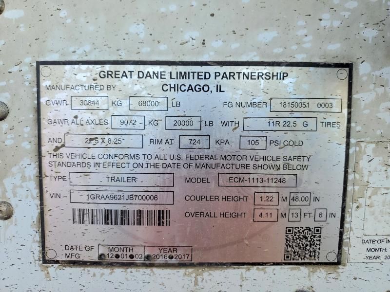 2018 Great Dane Ecm-1113-11248 Refrigerated van Trailer