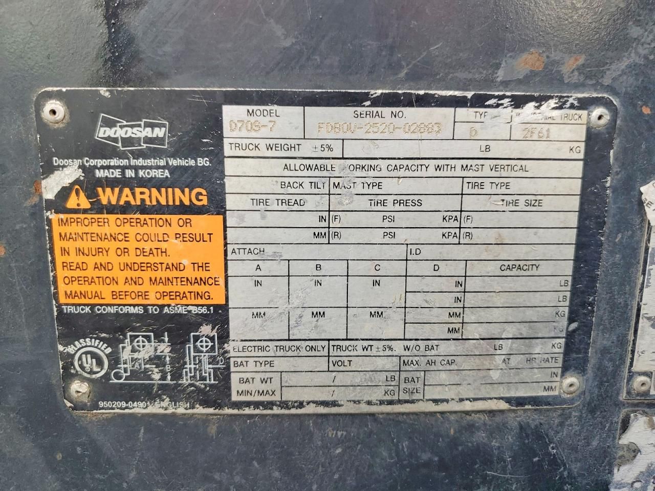 2018 Doosan D70s-7 Forklift