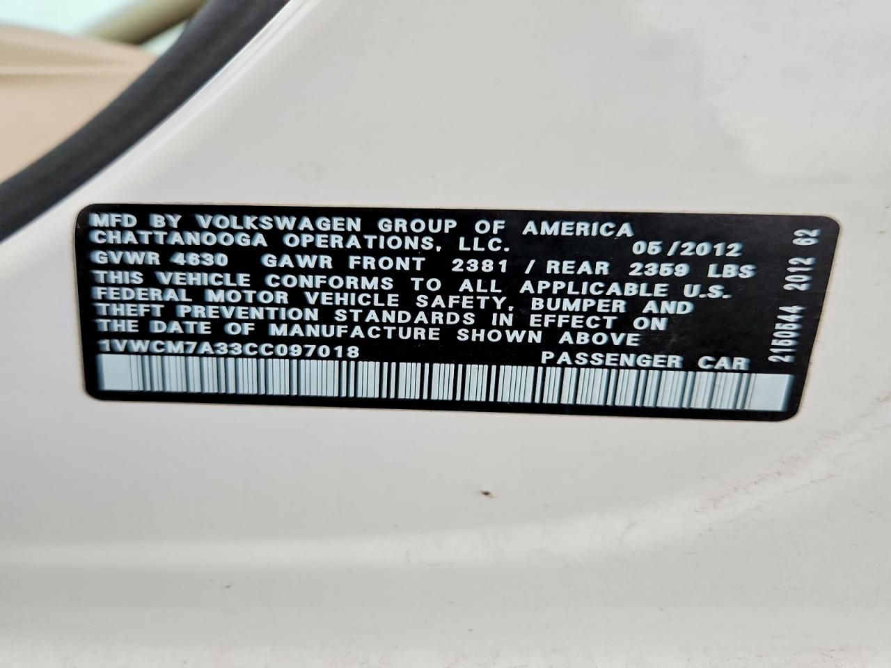 2012 Volkswagen Passat sel