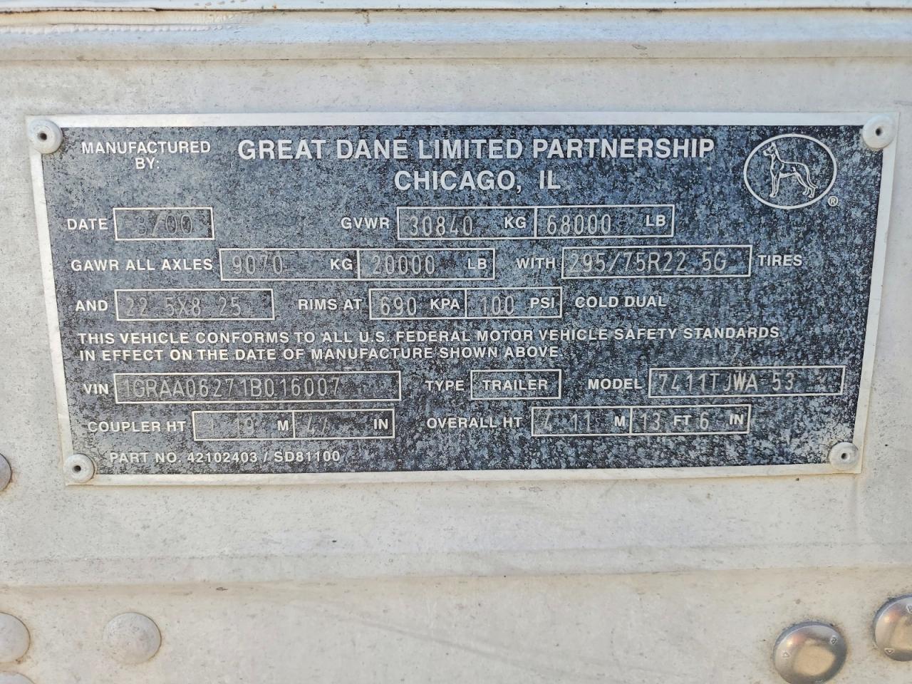 2001 Great Dane 2001 Great Dane 7411TJWA-53 DRY Van Trailer