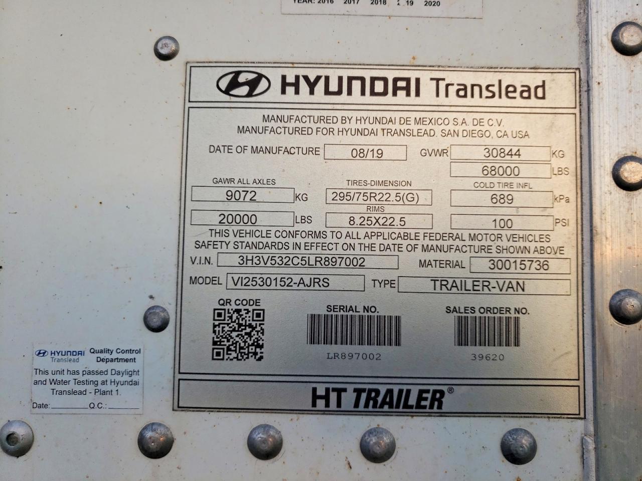 2020 Hyundai Translead VI2530152-AJRS DRY Van Trailer