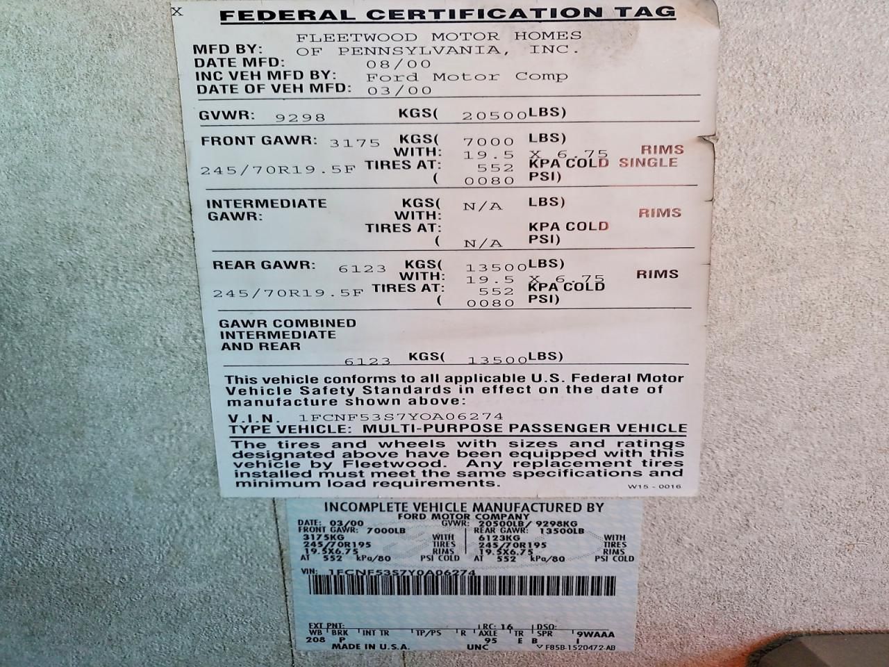 2001 Bounder 2001 Ford F550 Super Duty Stripped Chassis