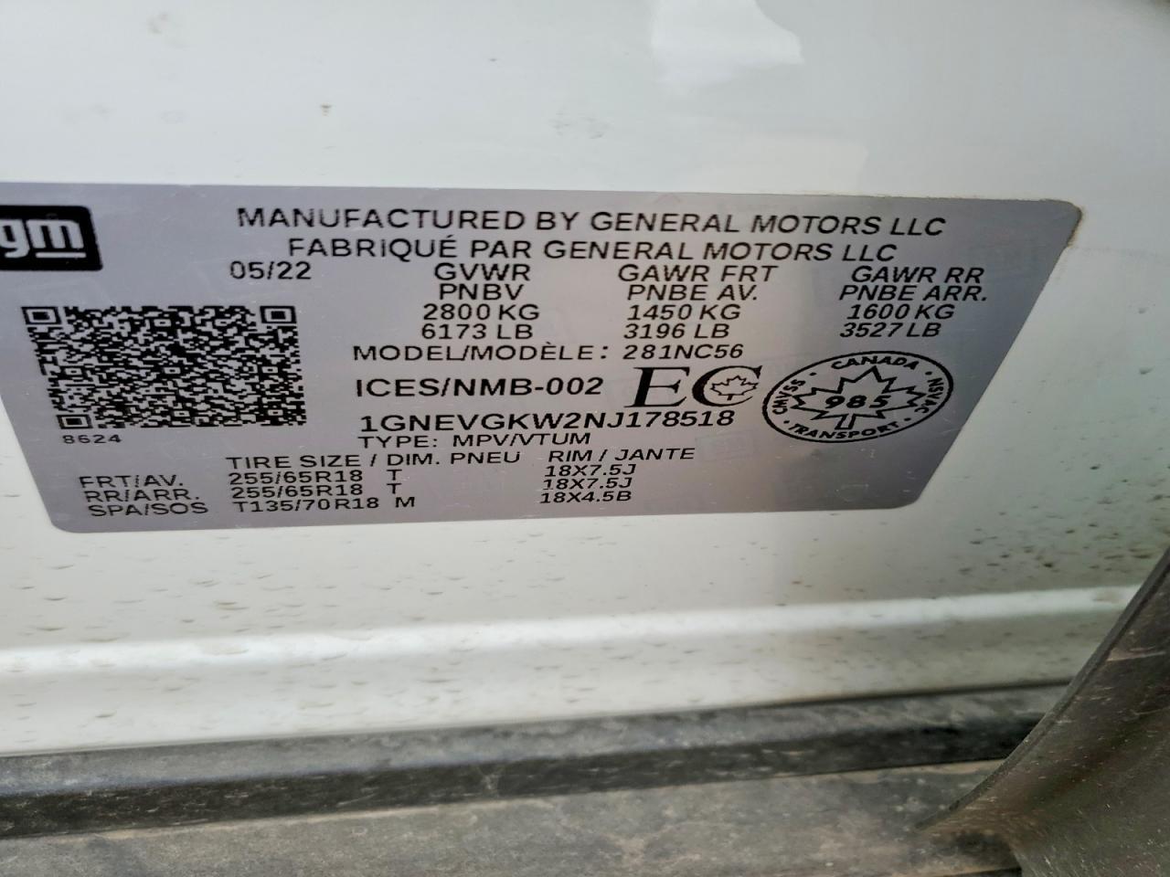 2022 Chev Traverse lt