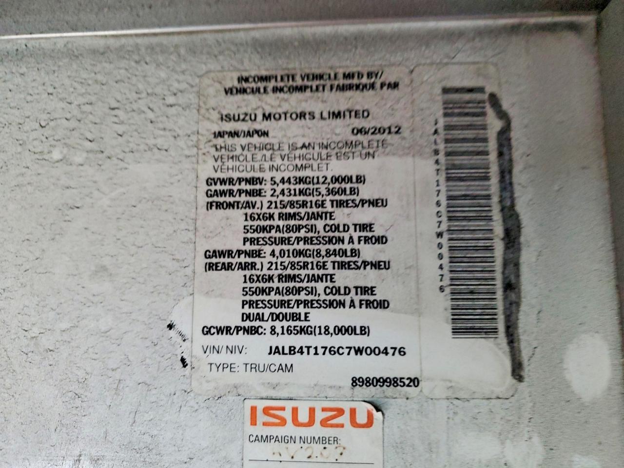 2012 Isuzu NPR-HD Delivery Truck