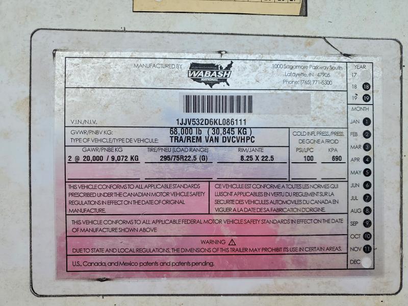 2019 Wabash SH Dvcvhpc DRY Van Trailer
