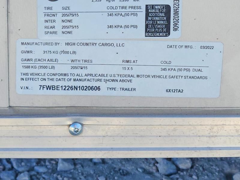 2022 High Country Cargo 6X12TA2 Enclosed Cargo Trailer