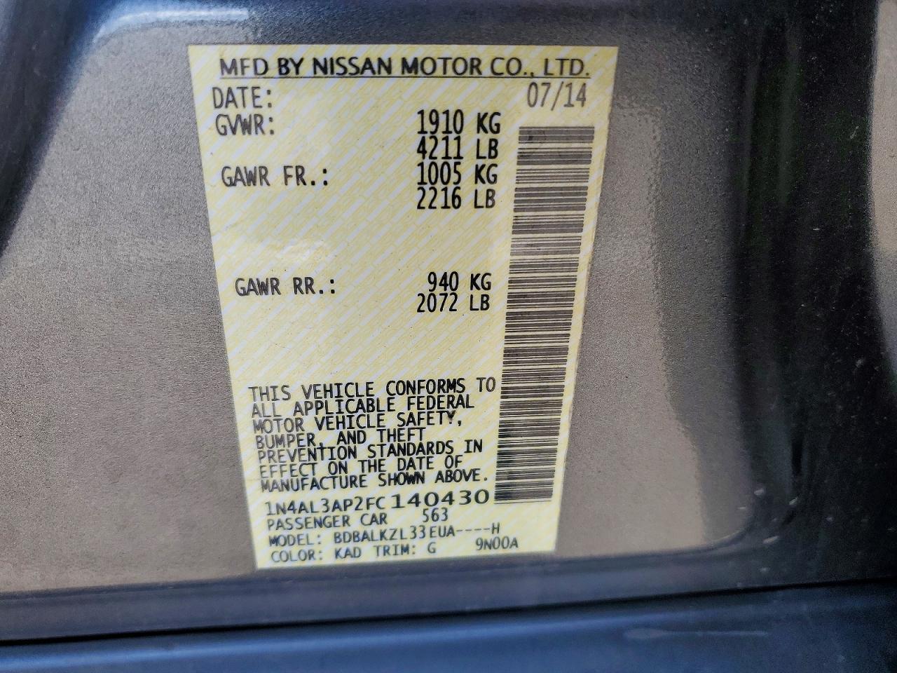 2015 Niss Altima 2.5 sv