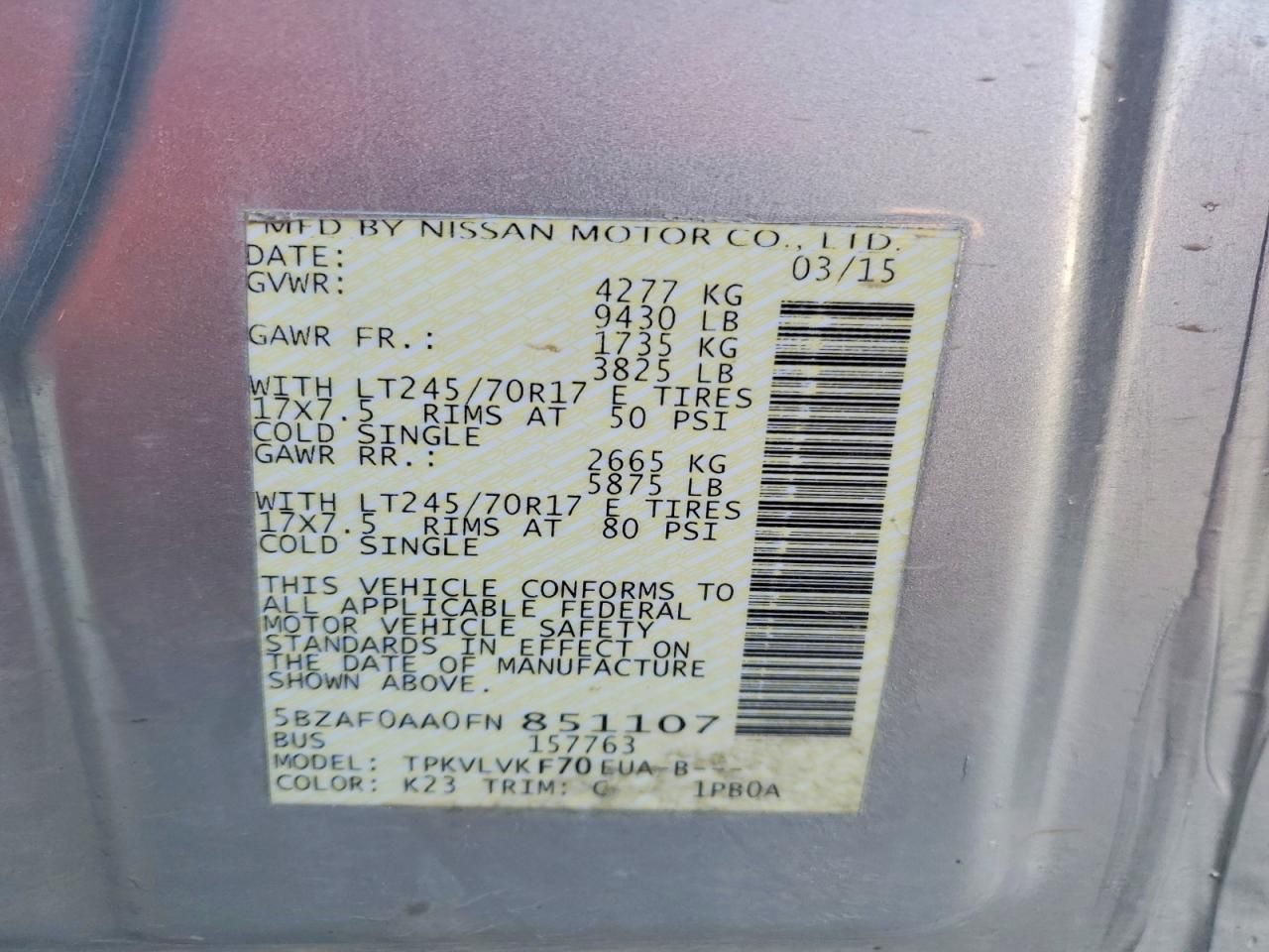 2015 Nissan Nv 3500 s