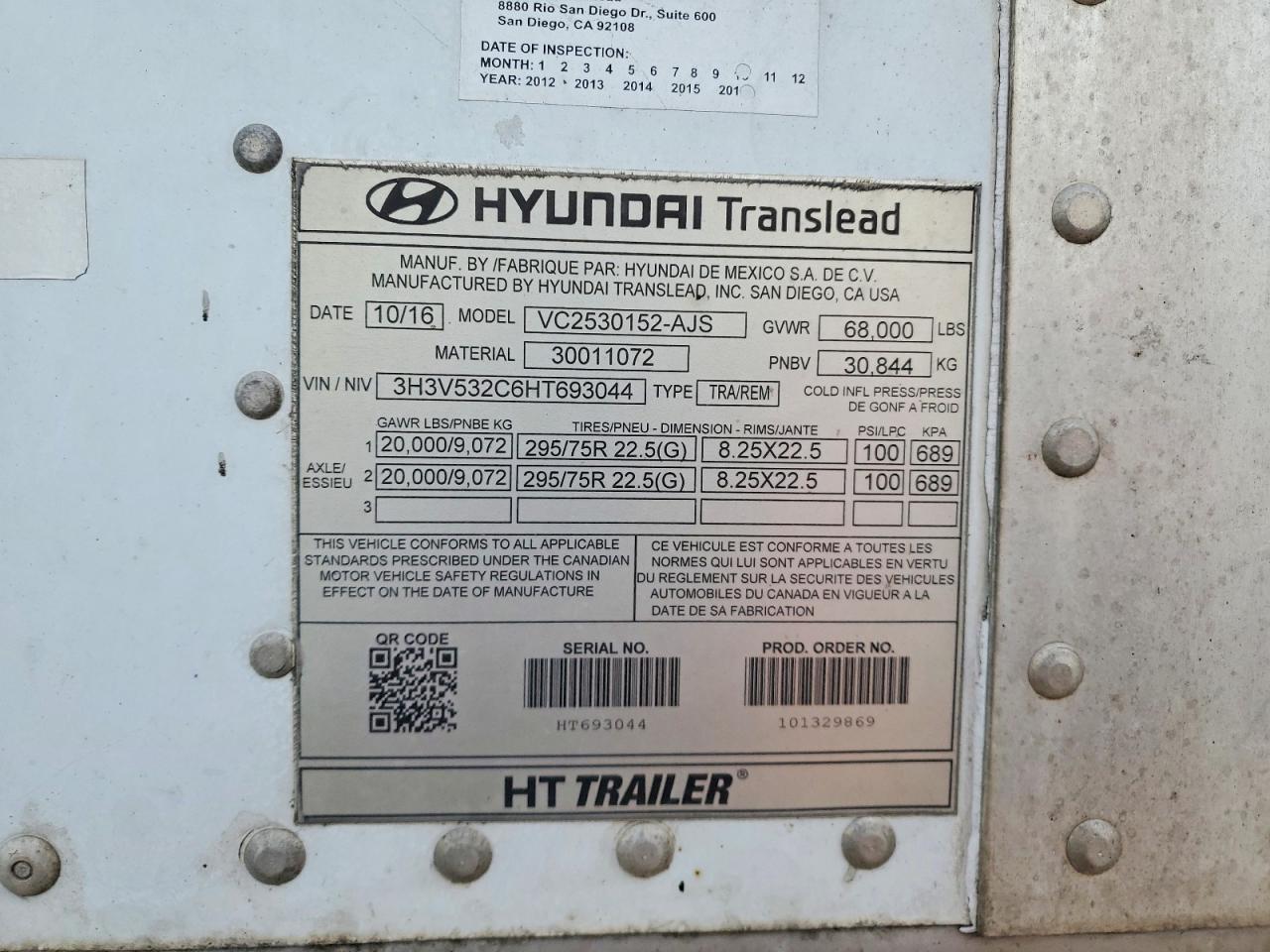2017 Hyundai Translead VC2530152-AJS DRY Van Trailer