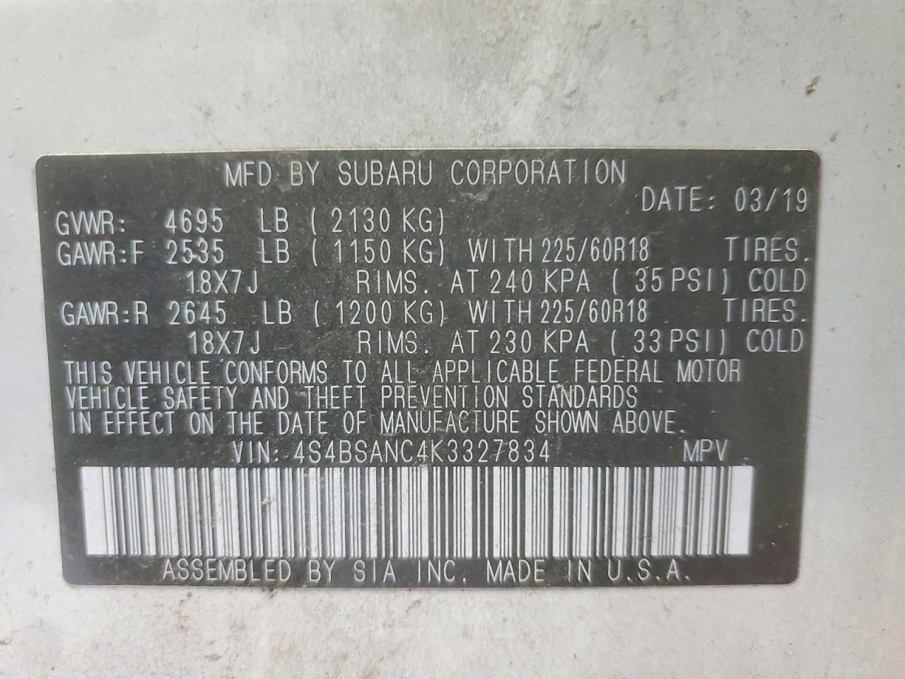 2019 Subaru Outback 2.5i Limited