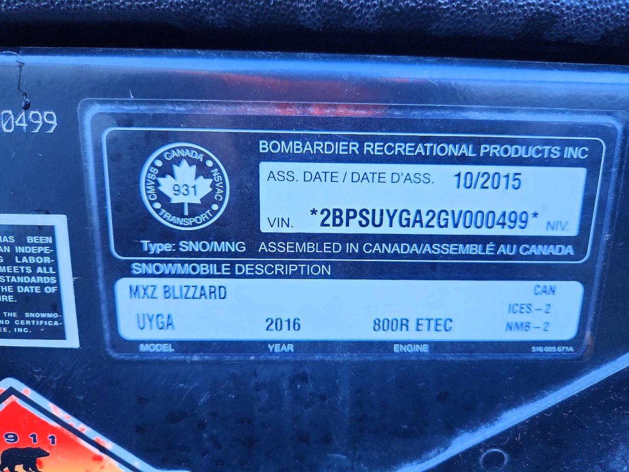 2016 Other Boat 2016 SKI-DOO MXZ Blizzard 800R
