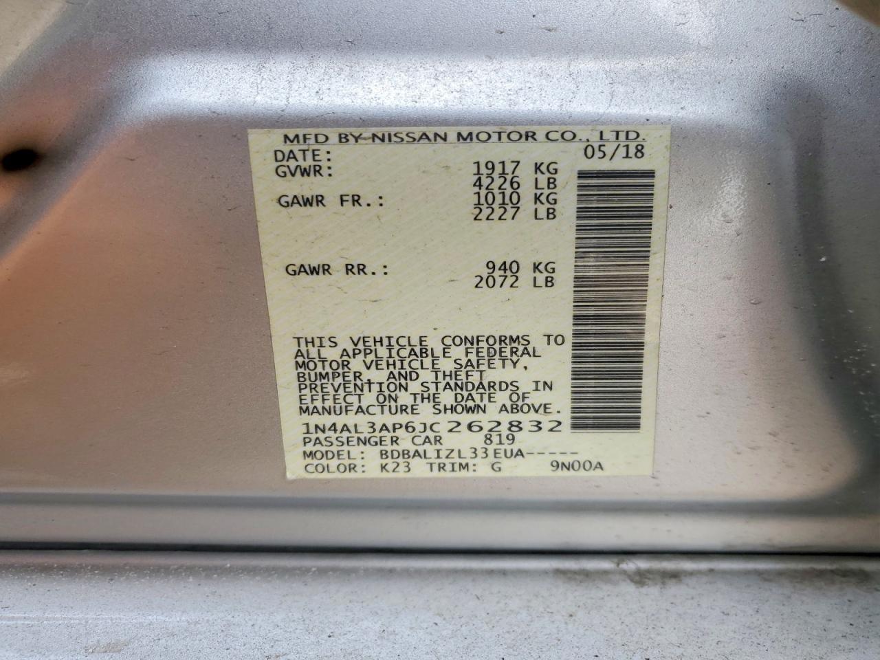 2018 Niss Altima 2.5 sv