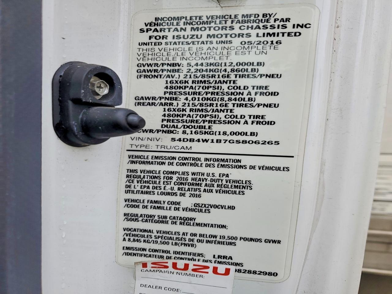 2016 Isuzu NPR BOX Truck