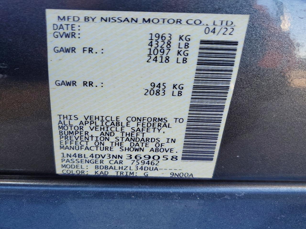 2022 Niss Altima 2.5 sv