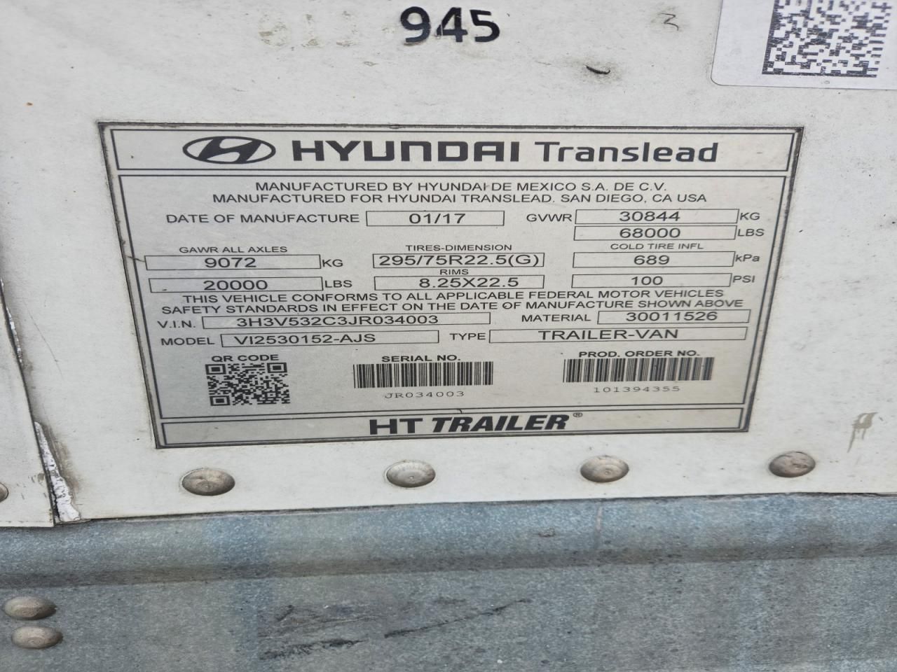 2018 Hyundai Translead V12530152-AJS DRY Van Trailer