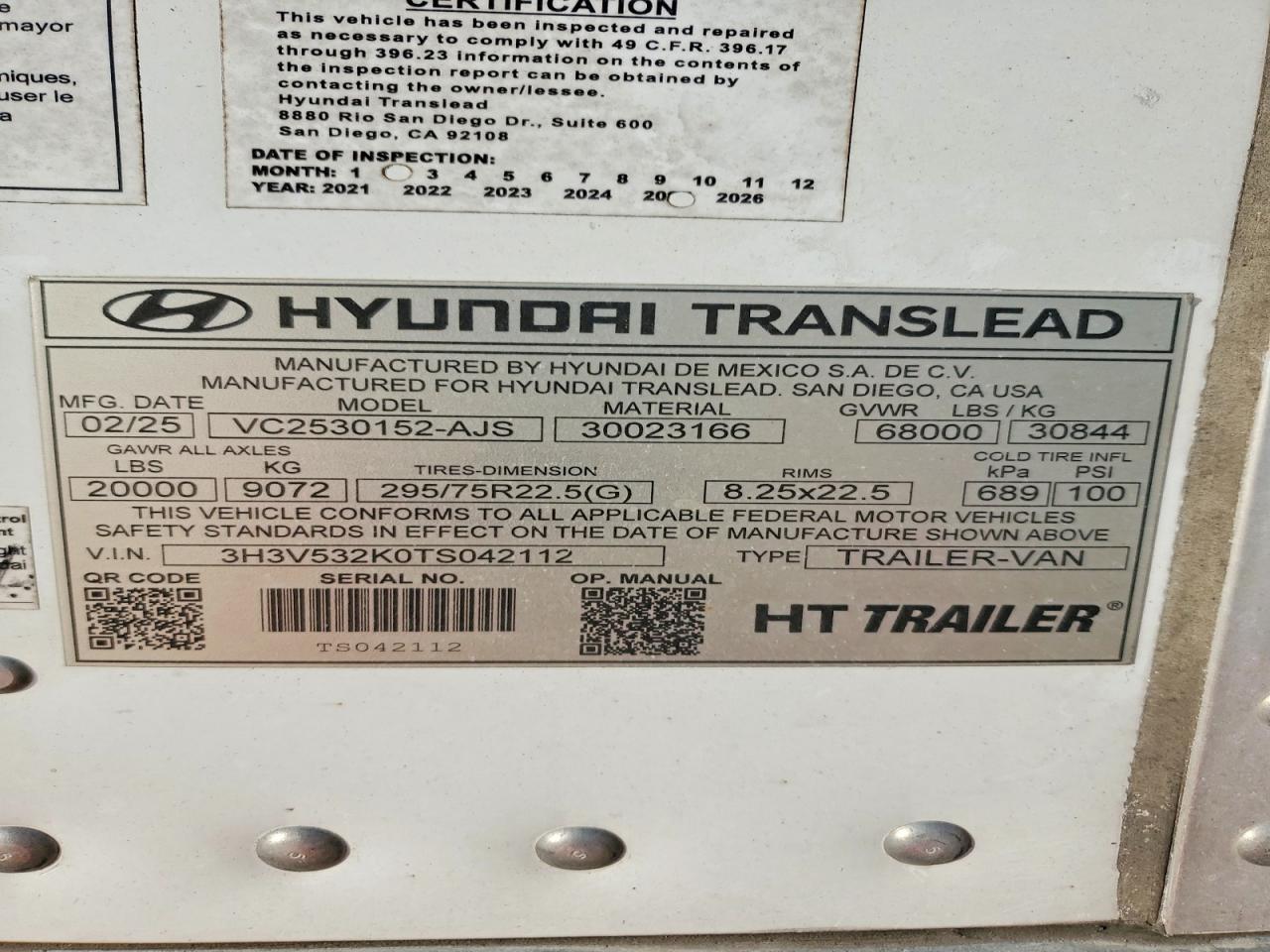 2026 Hyundai Translead VC2530152-AJS DRY Van Trailer