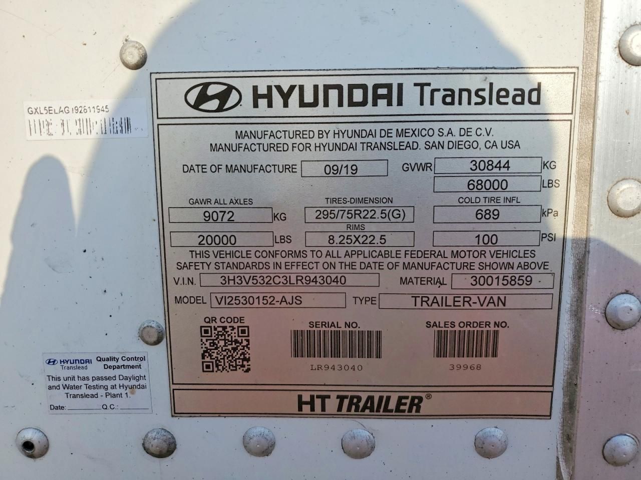2020 Hyundai Translead V12530152-AJS DRY Van Trailer