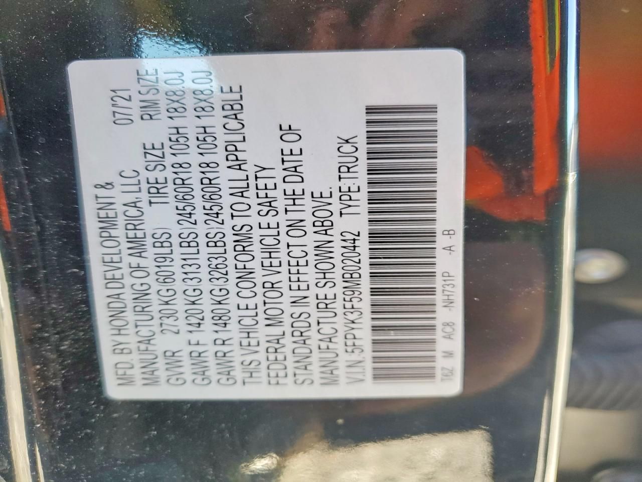 2021 Honda Ridgeline rtl