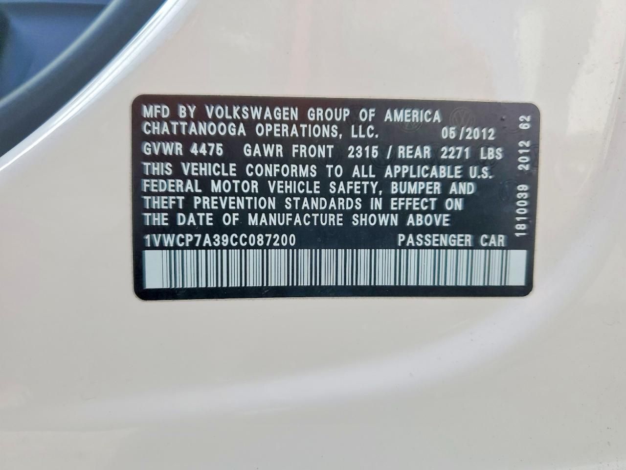 2012 Volkswagen Passat sel