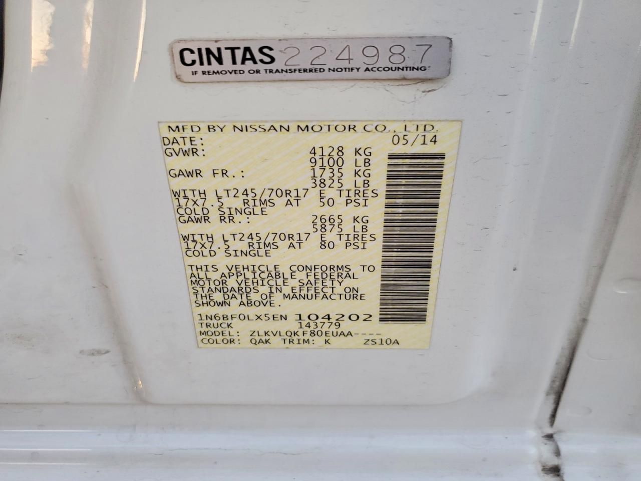 2014 Nissan NV 2500 Utility / Service Van