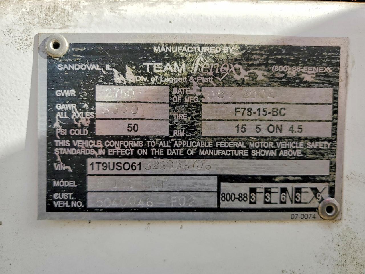 2002 Team Fenex F 121 NP Manhole Support Trailer