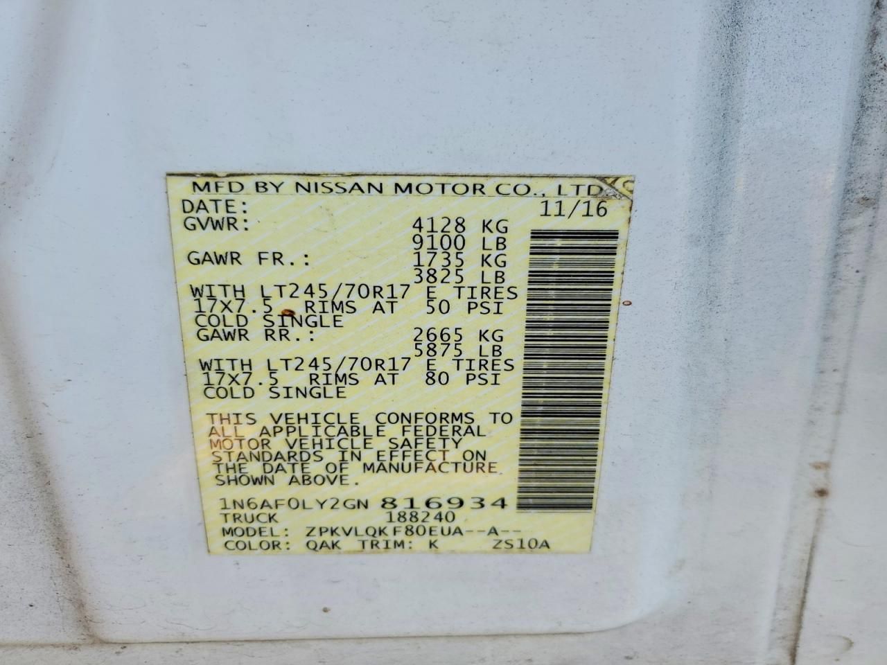 2016 Nissan Nv 2500 s