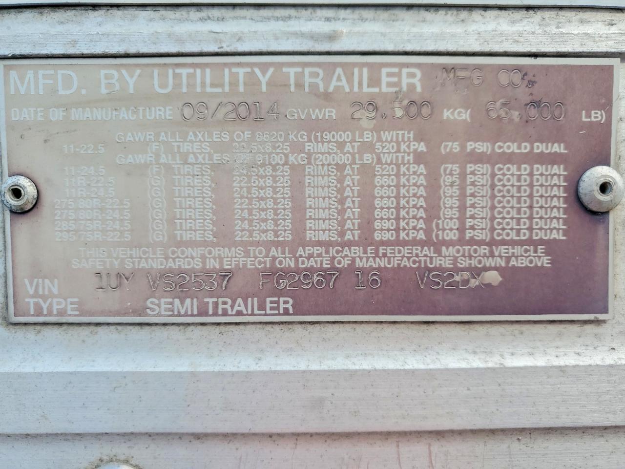 2015 Utility VS2DX DRY Van Trailer