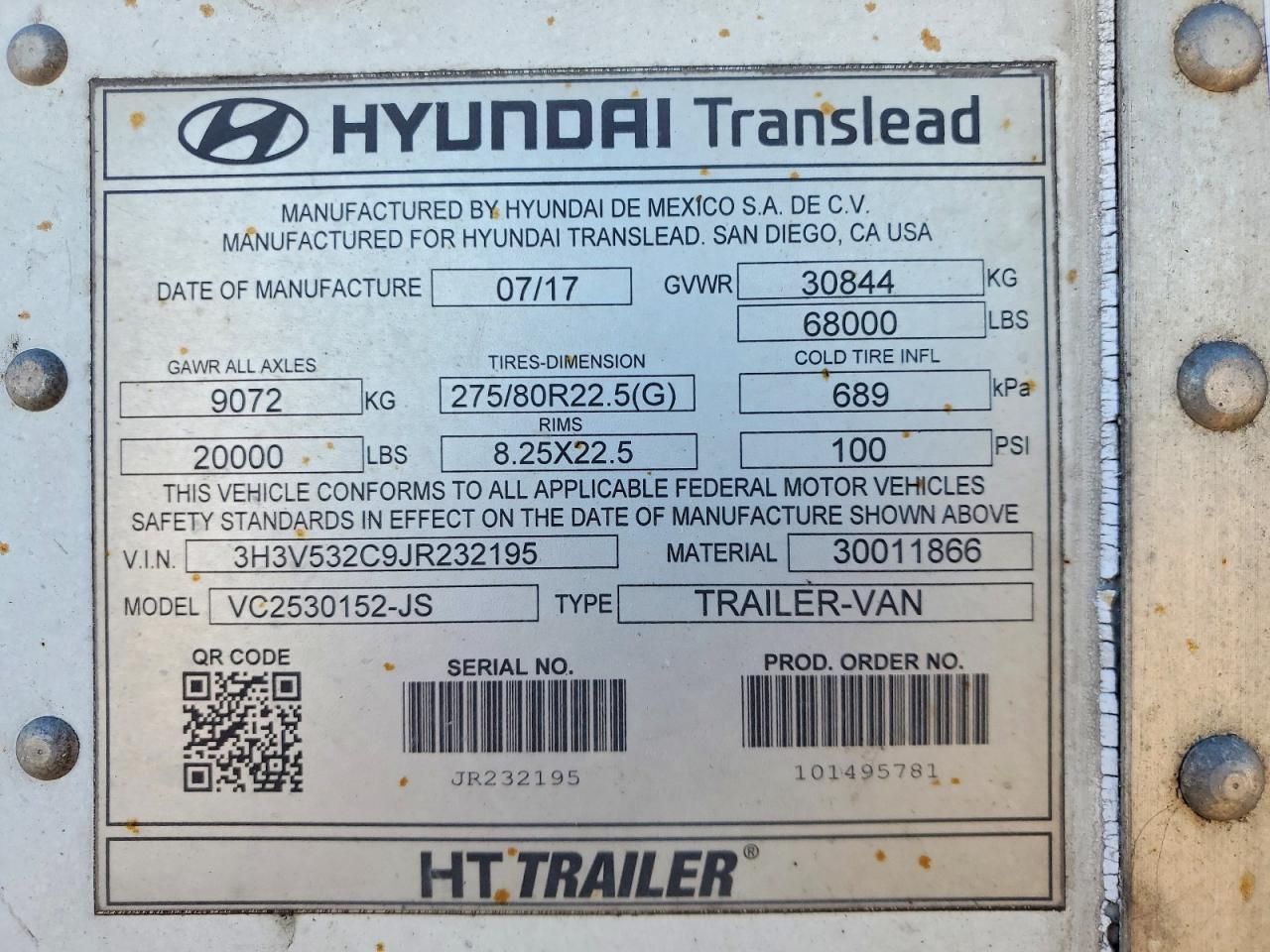 2018 Hyundai Translead VC2530152-JS DRY Van Trailer