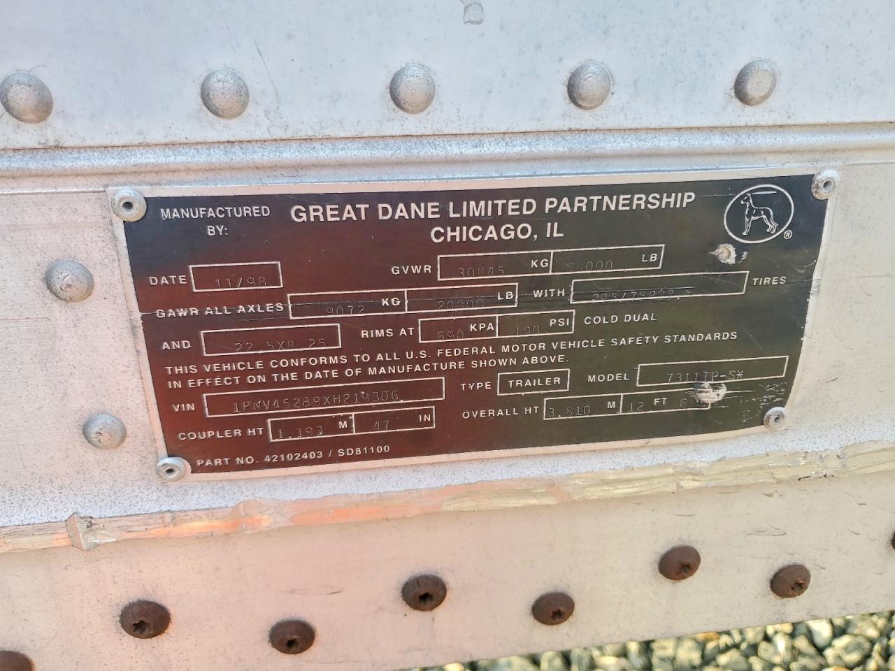 1999 GRT 1999 Great Dane 7311TP-SX DRY Van Trailer