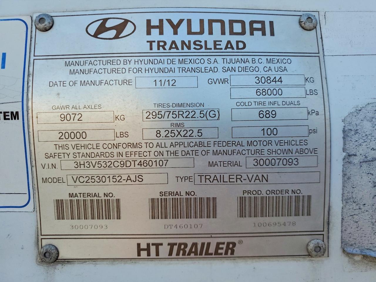 2013 Hyundai Translead VC2530152-AJS DRY Van Trailer