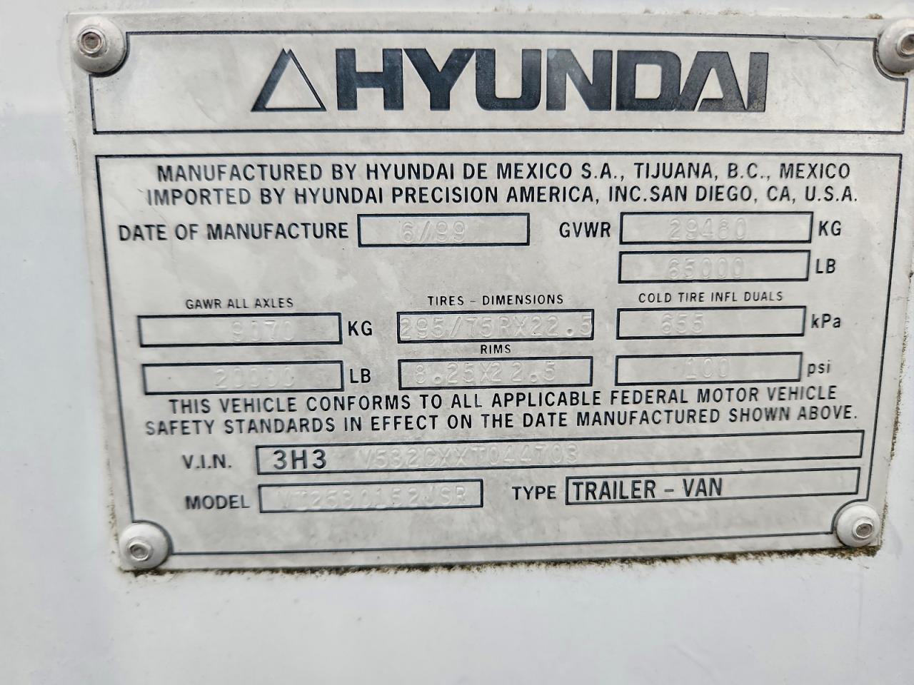 1999 Hyundai Translead VI2530152JSR DRY Van Trailer