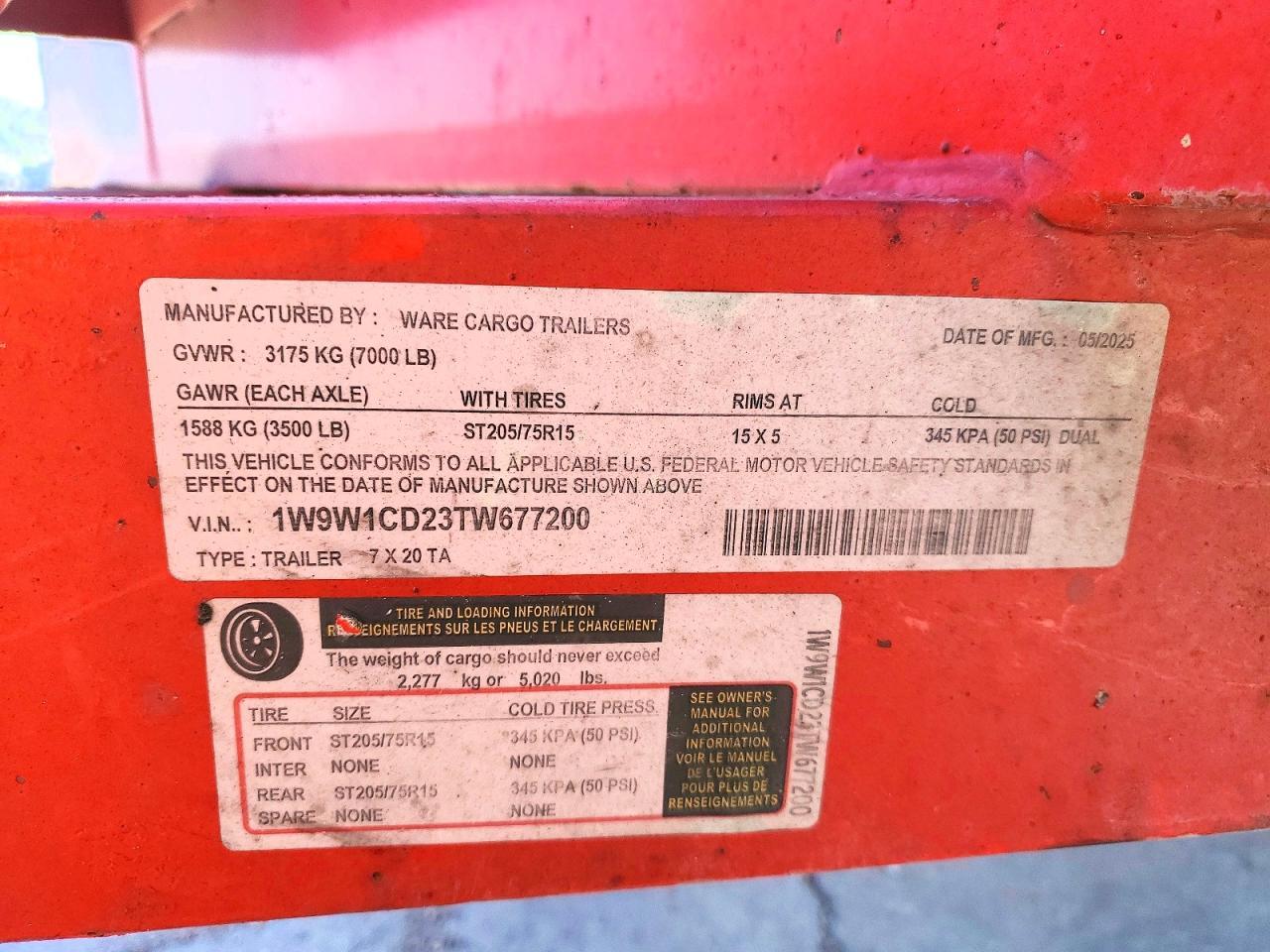 2026 Ware Cargo 7X20TA Equipment Trailer