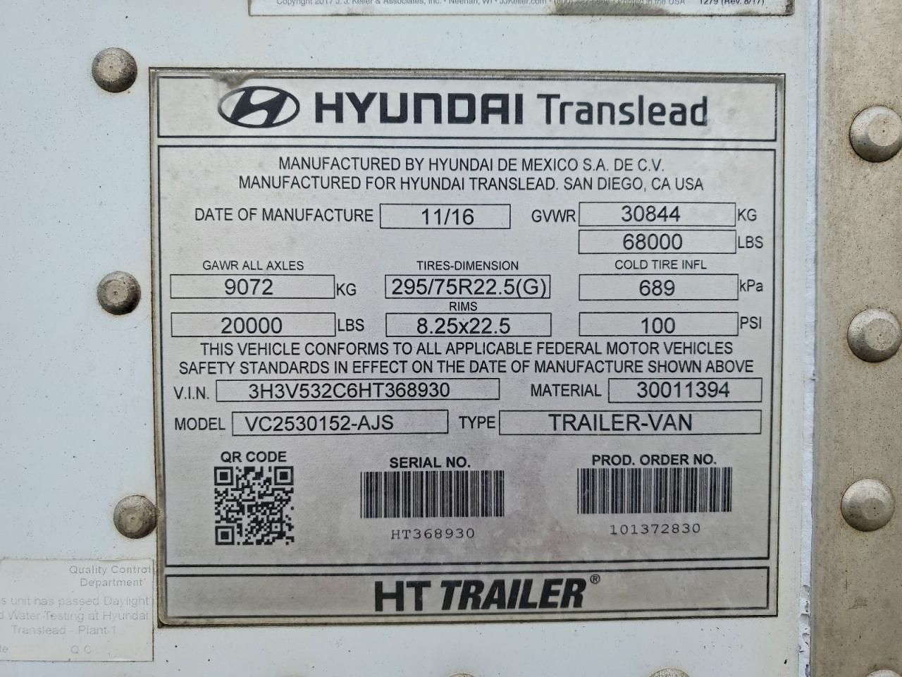 2017 Hyundai Trailers 3H3-DRY Van Trailer