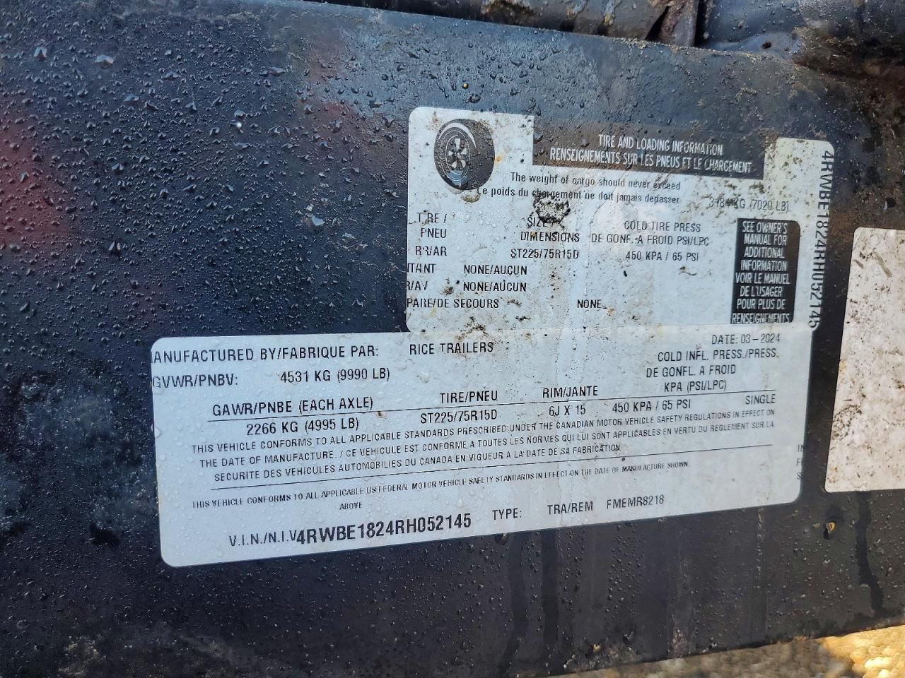 2024 Rice FMEMR8218 Equipment Trailer