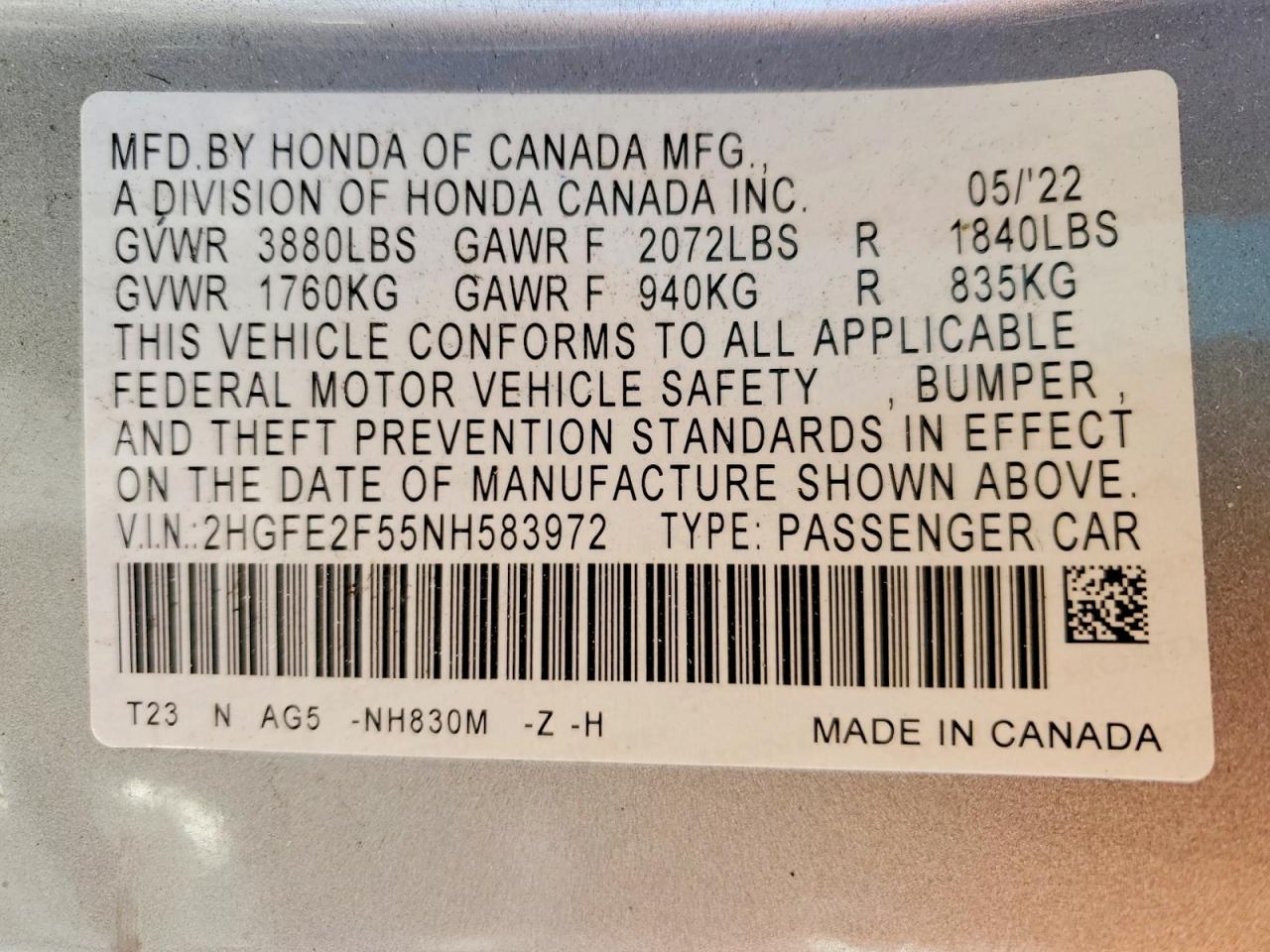 2022 Honda Civic Sport