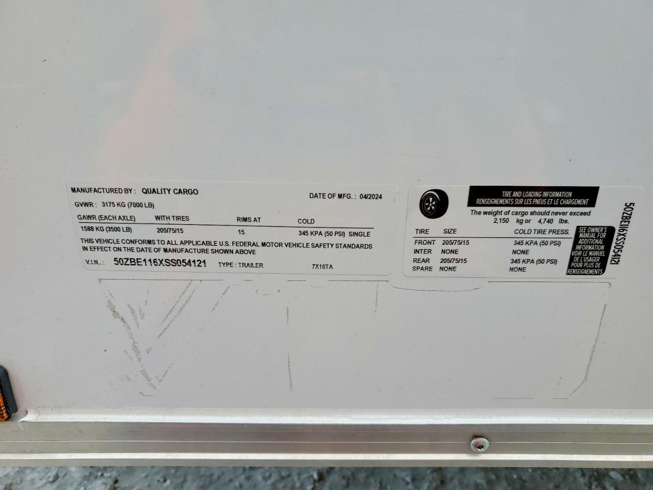2025 Quality Cargo 7x16ta Enclosed Cargo Trailer