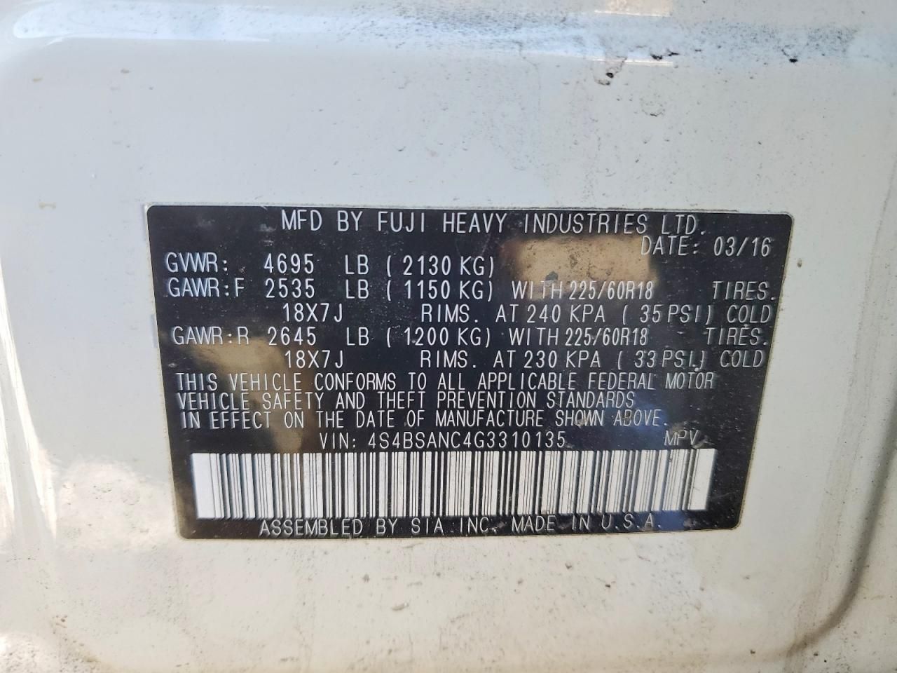 2016 Subaru Outback 2.5i Limited