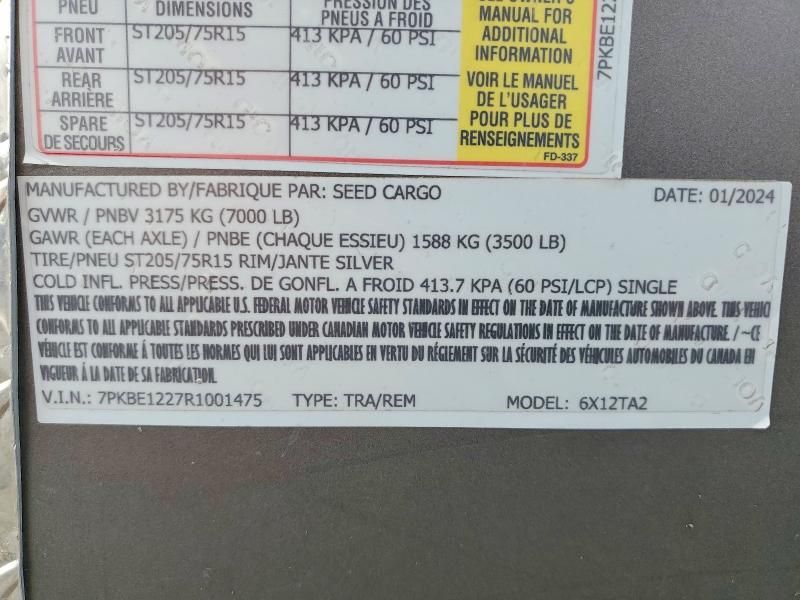 2024 Seed Cargo 6X12TA2 Enclosed Cargo Trailer