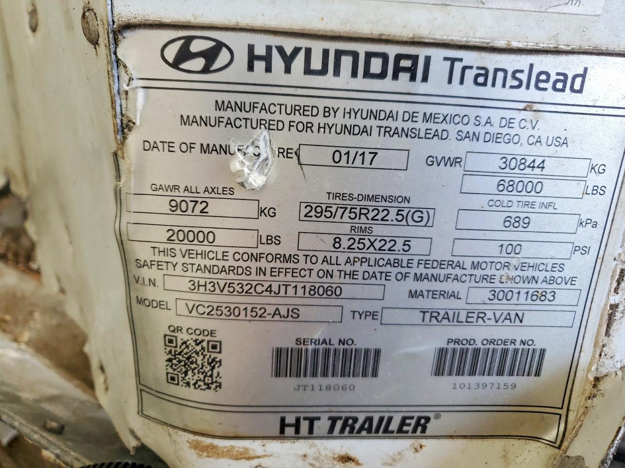 2018 Hyundai Translead VC2530152-AJS DRY Van Trailer