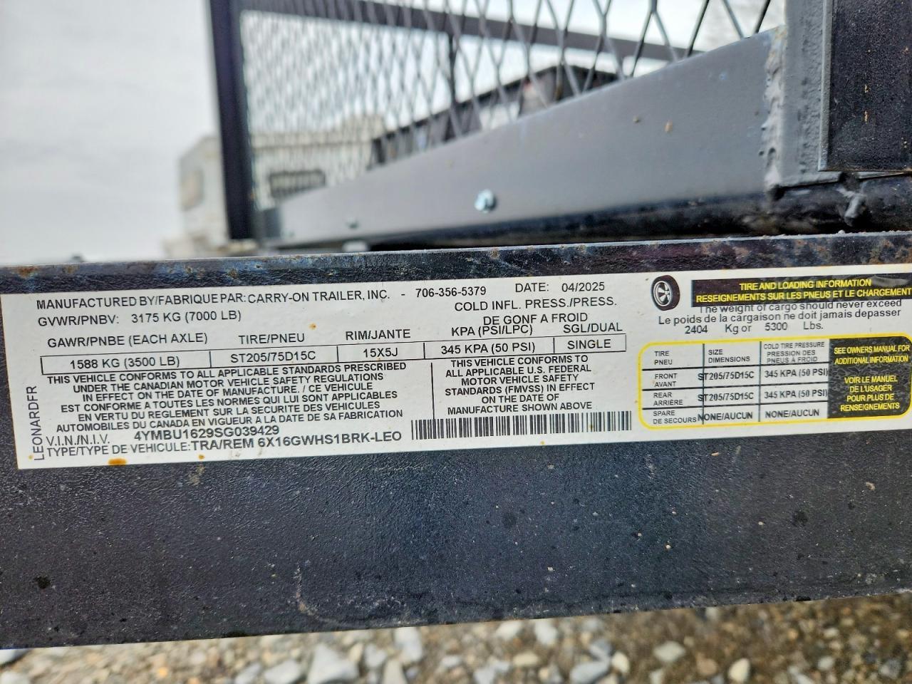 2025 Carry-On 6X16GWHS1BRK-LEO Utility Trailer