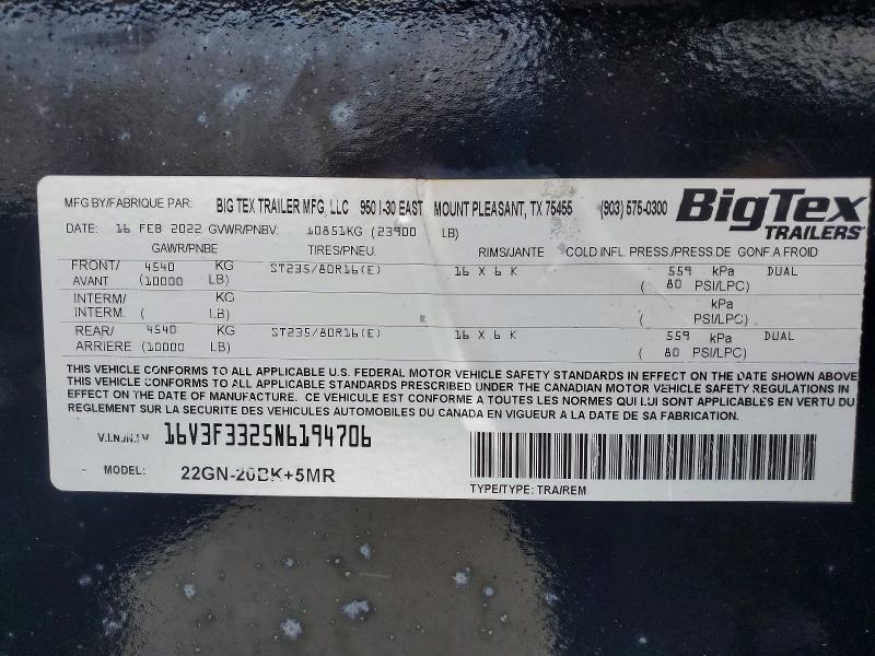 2022 Big Tex 22GN-20BK+5MR Equipment Trailer