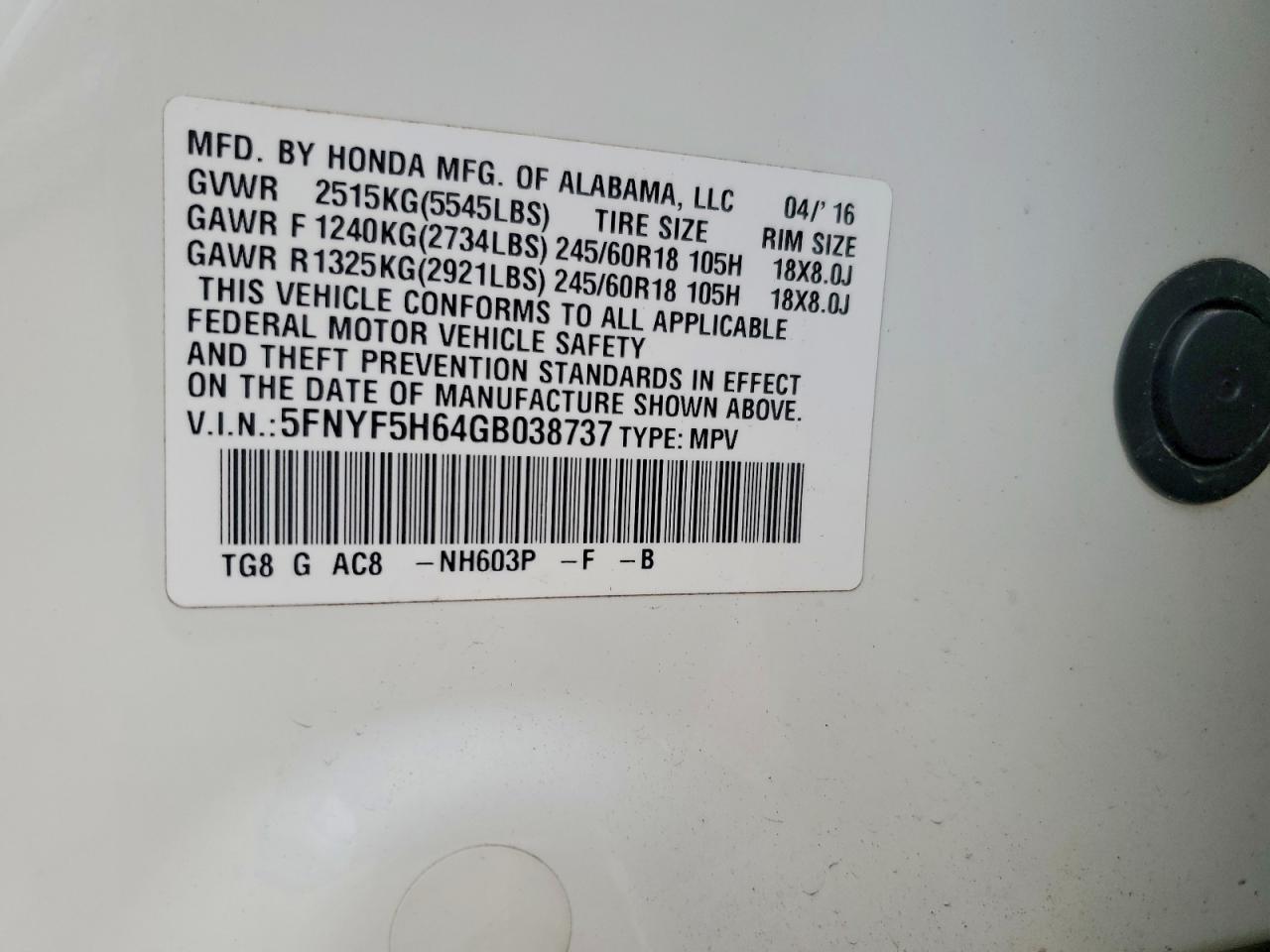 2016 Honda Pilot exl