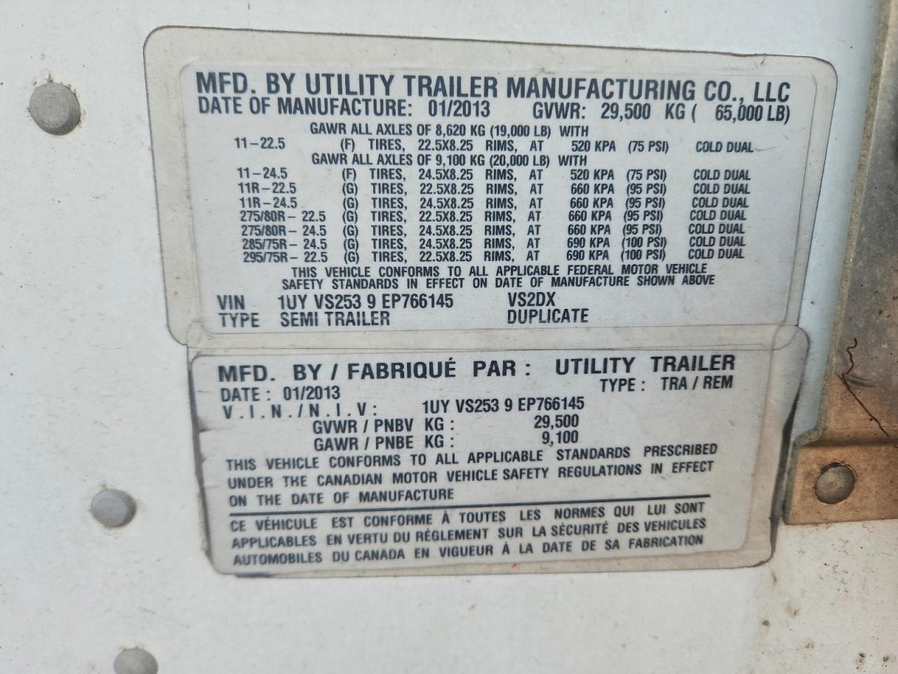 2014 Utility VS2DX DRY Van Trailer