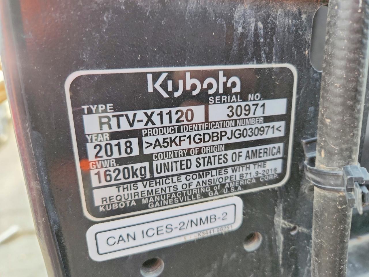 2018 Kubota TA RVT X1120 Utility Vehicle