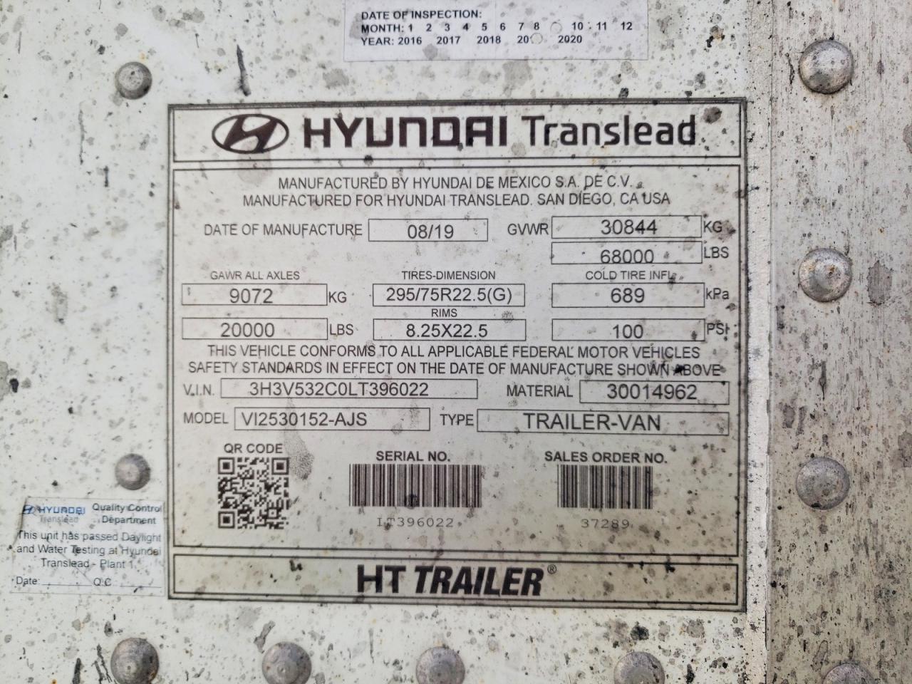 2020 Hyundai Translead VI2530152-AJS DRY Van Trailer
