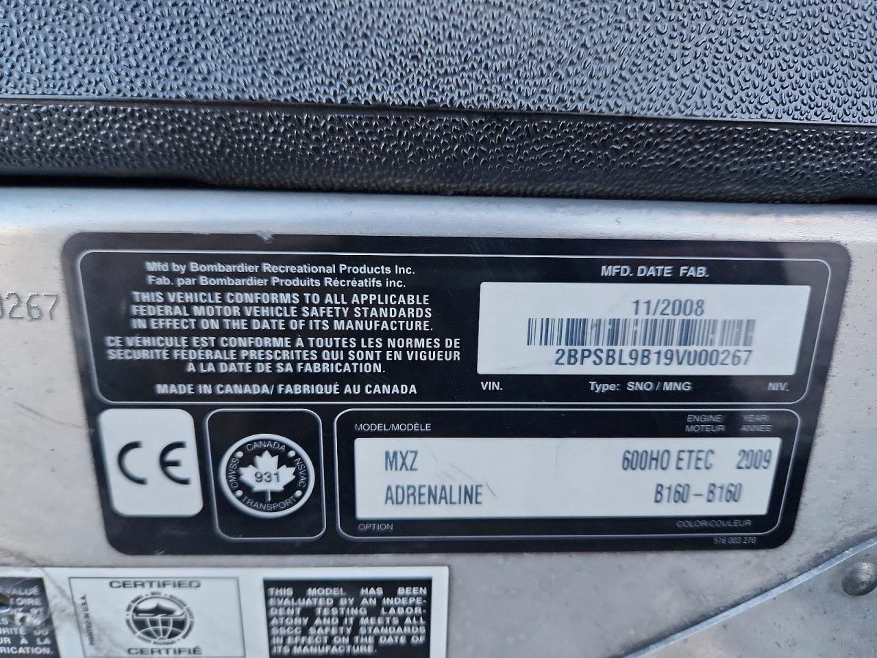 2009 Skidoo MXZ Adrenaline